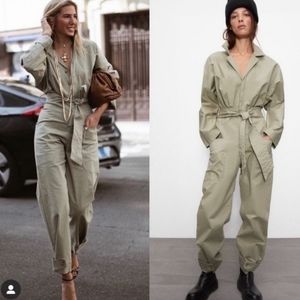 Zara Khaki Green Long Belted Utility Jumpsuit, Size M